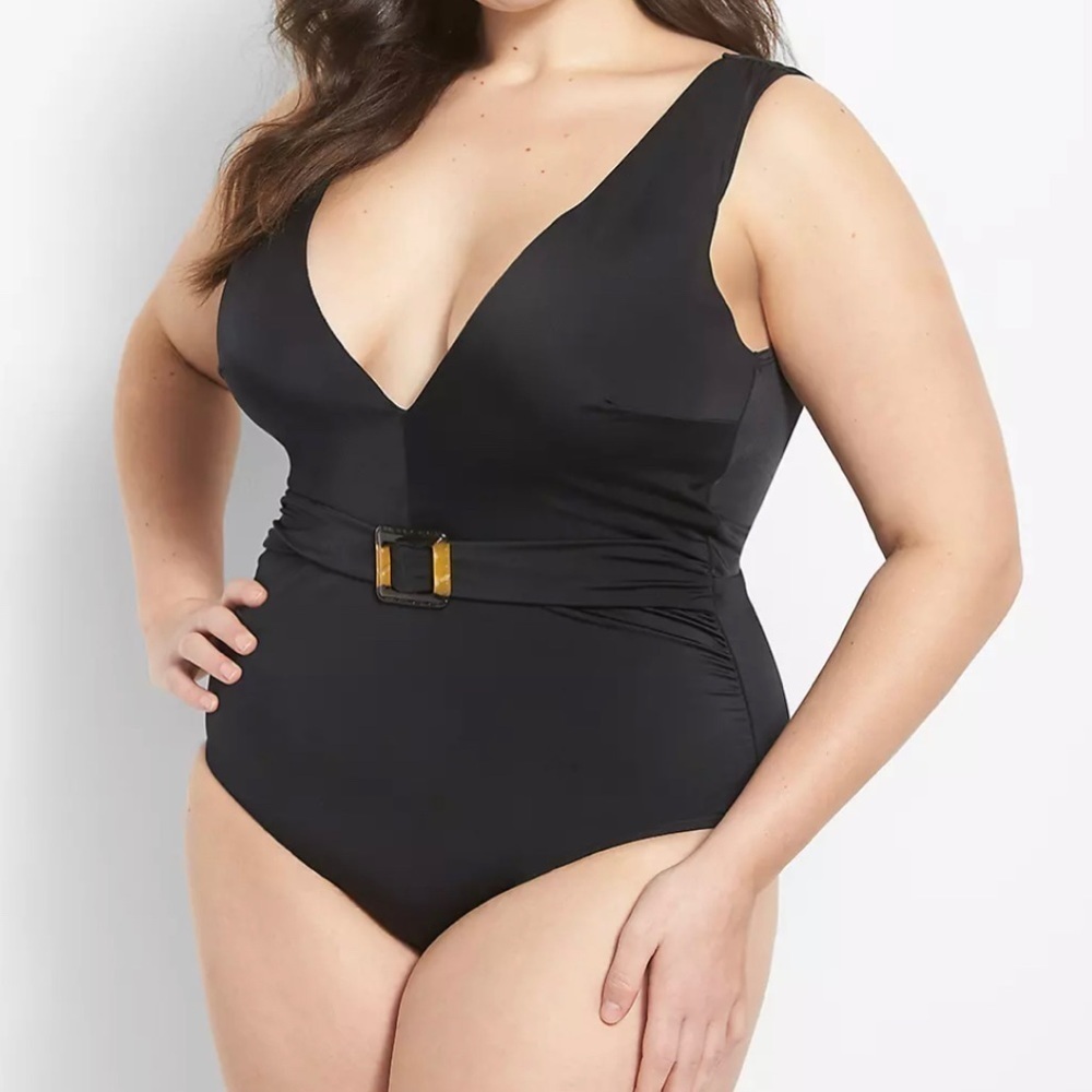 Lane Bryant Cacique No Wire Belted One Piece V-Neck Swimsuit Plus Size 32